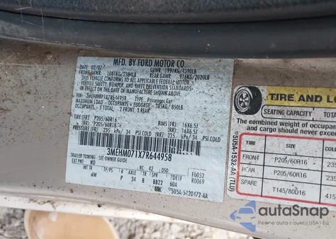 2007 Mercury Milan V6 z USA, uszkodzony, nr VIN 3MEHM071X7R644958